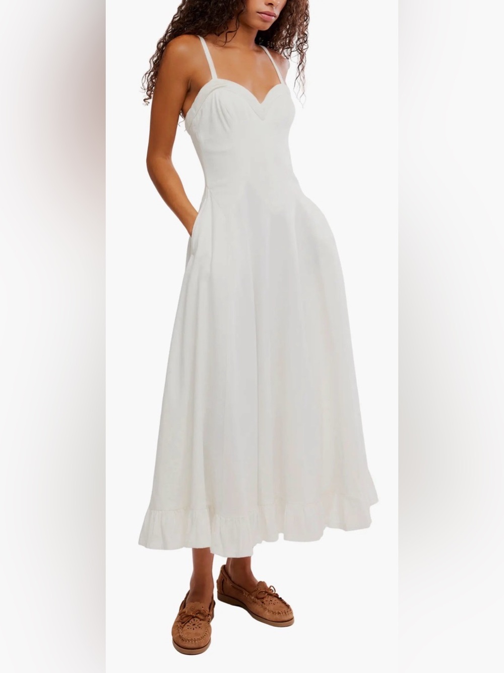 Free People White Midi Sundress with Sweetheart Neckline